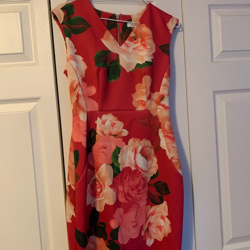 Calvin Klein Red and Pink Floral Midi Dress